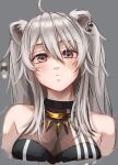  ahoge animal_ear_piercing animal_ears black_shirt breasts cleavage color_guide commentary_request cropped_arms cropped_torso double-parted_bangs dress gold_necklace grey_background grey_eyes grey_hair hair_between_eyes hapchi hololive jewelry lion_ears lion_girl long_hair necklace see-through see-through_cleavage shirt shishiro_botan shishiro_botan_(1st_costume) sidelocks sleeveless sleeveless_dress virtual_youtuber 