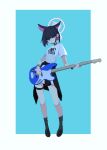  1girl after-school_sweets_club_(blue_archive) animal_ears aqua_background bass_guitar black_choker black_hair black_jacket black_mask black_shirt black_wristband blue_archive blunt_bangs blunt_ends bob_cut border bracelet breasts cat_ears choker clothes_around_waist colored_inner_animal_ears colored_inner_hair commentary diuippr earrings extra_ears fender_jazz_bass full_body grey_socks halo hashtag-only_commentary highres holding holding_bass holding_instrument instrument jacket jacket_around_waist jewelry kazusa_(band)_(blue_archive) kazusa_(blue_archive) looking_at_viewer mask_pull multicolored_hair music official_alternate_costume outside_border pink_hair pixel_art playing_instrument red_eyes shirt shoes short_hair short_sleeves simple_background skirt small_breasts socks solo standing stud_earrings t-shirt two-tone_hair white_border white_shirt white_skirt 