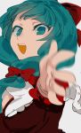  bow breasts chamaruku cleavage commentary_request dress frills front_ponytail green_eyes green_hair hair_bow hair_ribbon highres kagiyama_hina long_hair looking_at_viewer motion_blur open_mouth red_dress ribbon simple_background smile solo touhou 