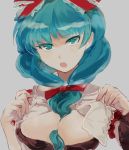  between_breasts bow breasts chamaruku cleavage dress frills front_ponytail green_eyes green_hair hair_between_eyes hair_bow hair_ribbon kagiyama_hina large_breasts long_hair looking_at_viewer open_clothes open_mouth red_dress ribbon simple_background sketch solo touhou 