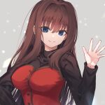  1girl aozaki_aoko black_sweater blue_eyes breasts brown_hair dress hair_intakes large_breasts long_hair long_sleeves looking_at_viewer mahou_tsukai_no_yoru neko_daruma red_dress smile solo sweater 