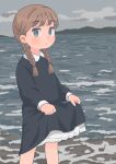  1girl black_dress blue_eyes blush braid brown_hair child closed_mouth clothes_lift cloud collared_dress dress dress_lift hare_(tsooy18pjwdw21h) horizon layered_dress lifting_own_clothes long_sleeves ocean original outdoors sky solo standing twin_braids water 
