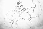  &lt;3 2017 5_fingers animated anthro armpit_hair belly big_belly canine cursedmarked cute front_view hair half-length_portrait looking_at_viewer male mammal monochrome musclegut muscular navel nipples nude portrait pubes simple_background smile solo standing white_background 