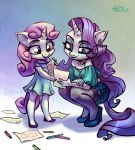  2018 absurd_res anthro anthrofied blue_eyes clothed clothing crayon_(artwork) crayons crouching dress duo ear_piercing equine eyeshadow female footwear friendship_is_magic green_eyes hair halter_top hi_res high_heels holivi horn legwear long_hair makeup mammal multicolored_hair my_little_pony open_mouth open_smile paper piercing purple_hair rarity_(mlp) shoes sibling simple_background sisters size_difference skirt smile stockings sweetie_belle_(mlp) thigh_highs traditional_media_(artwork) two_tone_hair unicorn young 