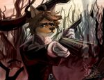  anthro black_clothing brown_hair canid canine canis clothing gloves goldenwolf grey_eyes gun hair handwear lostwisdom male mammal painting_(artwork) pose ranged_weapon simple_background victorian weapon wolf 