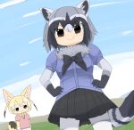  2girls animal_ear_fluff animal_ears black_bow black_bowtie black_skirt blonde_hair blue_shirt blush bow bowtie brown_eyes cardigan closed_mouth commentary_request common_raccoon_(kemono_friends) cowboy_shot extra_ears fennec_(kemono_friends) fox_ears fox_girl fox_tail gloves grey_hair hair_between_eyes hands_on_own_hips kemono_friends lets0020 looking_at_viewer medium_bangs multicolored_hair multiple_girls pantyhose pink_cardigan pleated_skirt raccoon_ears raccoon_girl raccoon_tail shirt short_hair short_sleeves skirt smile tail v-shaped_eyebrows white_pantyhose yellow_bow yellow_bowtie 