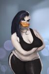  2024 alternative_fashion anatid anseriform anthro arm_under_breasts avian beak big_breasts bird black_hair bottomwear breasts cleavage clothed clothing crossed_arms duck eyebrow_piercing eyeshadow facial_piercing female front_view goth hair hi_res jewelry makeup muffin_top necklace pants piercing redustheriotact slightly_chubby slightly_chubby_female solo tight_bottomwear tight_clothing tight_pants wide_hips 