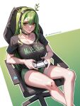  1girl absurdres alternate_costume antlers bandaid bandaid_on_knee bandaid_on_leg black_choker black_shirt breasts ceres_fauna chair choker clothes_writing commentary controller english_commentary english_text feet_out_of_frame game_controller gaming_chair green_hair green_shorts hair_between_eyes headphones heart heart_choker heart_o-ring highres holding holding_controller holding_game_controller hololive hololive_english horns large_breasts long_hair looking_at_viewer mole mole_under_eye o-ring o-ring_choker on_chair parted_lips seventeencrows shirt short_shorts short_sleeves shorts simple_background solo swivel_chair teeth twitter_username virtual_youtuber yellow_eyes 