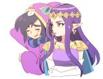  1boy 1girl blush_stickers closed_eyes dede_(qwea_00000) eyeshadow gloves long_sleeves looking_at_another makeup pointy_ears princess_hilda purple_hair ravio red_eyes scarf sleeves_past_wrists striped_clothes striped_scarf the_legend_of_zelda the_legend_of_zelda:_a_link_between_worlds white_gloves 