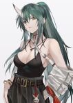  1girl :p arknights belt bracelet breasts choker cleavage crop_top detached_sleeves green_hair horns hoshiguma_(arknights) jewelry long_hair looking_at_viewer moon_(bio7124) necklace ponytail red_scarf scarf simple_background single_horn single_sleeve solo tongue tongue_out yellow_eyes 