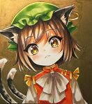  1girl :3 animal_ear_fluff animal_ear_piercing animal_ears arm_at_side blush bow bowtie brown_background brown_eyes brown_hair cat_ears cat_tail chen closed_mouth commentary_request earrings flat_chest frills gold_trim hat head_tilt highres jewelry looking_at_viewer mob_cap multiple_tails nekomata red_vest short_hair sidelighting simple_background single_earring solo swept_bangs tail tatuhiro touhou two_tails vest white_bow white_bowtie 