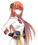  dress eyebrows_visible_through_hair floating_hair gintama grey_dress hair_between_eyes hair_bun hand_on_hilt highres kagura_(gintama) long_hair looking_at_viewer namiey older purple_eyes ribbon shiny shiny_hair sketch standing very_long_hair yellow_ribbon 