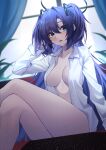  1girl absurdres blue_archive blue_eyes blush breasts collared_shirt crossed_legs curtains feet_out_of_frame hidel highres long_hair long_sleeves medium_breasts open_clothes open_mouth open_shirt purple_hair shirt sitting solo two_side_up white_shirt window yuuka_(blue_archive) 