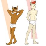 1:1 anthro barefoot black_nose blonde_highlights briefs briefs_only brown_body brown_eyes brown_fur brown_hair canid canine clothed clothing detailed_background duo equid equine feet fur fuze hair hands_behind_back hi_res highlights_(coloring) male mammal monotone_briefs monotone_clothing monotone_underwear noe_(fuze) open_mouth red_hair smile steven_(fuze) tan_body tan_fur teeth_showing tighty_whities topless underwear underwear_only white_briefs white_clothing white_underwear y-fronts