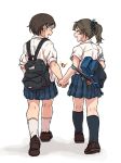  bag bag_charm blue_legwear blush bookbag brown_hair charm_(object) closed_eyes heart holding_hands kneehighs m_k multiple_girls original plaid plaid_skirt ponytail short_hair shot skirt sleeves_rolled_up smile white_background 