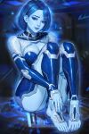  1girl blue_bodysuit blue_eyes blue_hair blue_skin blurry blurry_background bodysuit breasts cleavage_cutout clothing_cutout colored_skin cortana english_commentary eyelashes halo_(series) halo_infinite hand_on_own_thigh highres hologram mixed-language_commentary nail_polish neoartcore parted_lips purple_nails short_hair solo thai_commentary the_weapon_(halo_infinite) toenail_polish toenails toes 