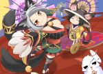  1boy 1girl :3 ahoge animal_ears bell black_hair black_kimono bowl breasts cat_ears cat_girl cat_tail cleavage closed_mouth coin commentary_request ears_through_headwear facial_mark fox full_body geta grey_hair hat holding holding_bowl holding_staff holed_coin japanese_clothes jingasa jingle_bell kimono kohaku_(onmyoji) kyuumei_neko_(onmyoji) large_breasts lets0020 looking_at_viewer looking_to_the_side mask mask_on_head mouse_boy mouse_ears multiple_tails oil-paper_umbrella onmyoji open_mouth red_eyes short_hair slit_pupils smile staff tail tengu-geta tesso_(onmyoji) two_tails umbrella whisker_markings wide_sleeves yellow_eyes yellow_kimono 