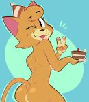  2018 4_fingers anthro breasts brown_fur cake cat feline female food fur gabbah hi_res lily_(gabbah) looking_at_viewer looking_back mammal nude one_eye_closed pose rear_view smile standing tongue tongue_out v_sign wink 