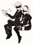  1boy 1girl 2b_(nier:automata) 9s_(nier:automata) black_blindfold black_dress black_jacket blindfold boots commentary_request covered_eyes dress full_body grey_hair holographic_interface jacket malt_40 nier:automata nier_(series) open_mouth short_hair simple_background smile 
