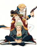  3boys black_hair blonde_hair cigarette coat curly_eyebrows earrings epaulettes facial_hair goatee green_hair gun haramaki hat holding holding_gun holding_sword holding_weapon jewelry looking_at_viewer male_focus monkey_d._luffy multiple_boys one_piece oooooogu24 red_coat roronoa_zoro sanji_(one_piece) scar scar_across_eye scar_on_face simple_background smile straw_hat sword v-shaped_eyebrows weapon white_background 