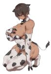  abs animal_ears animal_print biceps breasts brown_hair commentary covered_abs cow_ears cow_girl cow_print cow_tail dark-skinned_female dark_skin highres kei_(m_k) lactation large_breasts m_k muscular muscular_female navel nipple_slip nipples obliques original red_eyes short_hair symbol-only_commentary tail tall tall_female tan thick_thighs thighs tomboy toned 
