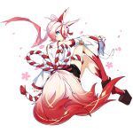  1girl animal_ears blue_eyes closed_mouth detached_sleeves fire fox_ears fox_tail from_behind full_body hair_between_eyes hair_ornament hand_fan higokumaru honkai_(series) honkai_impact_3rd japanese_clothes looking_at_viewer multicolored_hair multiple_tails official_art pink_hair red_hair red_socks sandals smile socks solo streaked_hair tail tassel tassel_hair_ornament third-party_source transparent_background 