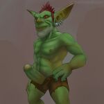 anthroraptor blizzard_entertainment bottomwear clothed clothing ear_piercing foreskin genitals goblin green_body hi_res humanoid humanoid_genitalia humanoid_penis male nipples open_bottomwear open_clothing open_pants pants penis penis_through_fly piercing poking_out shorts solo topless vein veiny_penis warcraft