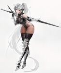  1girl absurdly_long_hair absurdres arkimedes arm_armor black_bodysuit black_gloves black_leotard bodystocking bodysuit breasts cleavage full_body gloves grey_background grey_hair grin highres holding holding_sword holding_weapon large_breasts leaning_forward leg_armor leotard long_hair looking_at_viewer original parted_lips smile solo sword sword_behind_back thighhighs_over_bodystocking very_long_hair weapon 