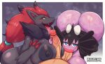  anthro areola biped black_body breast_play breasts butt female fur generation_5_pokemon genitals group group_sex hair hi_res licking looking_at_viewer male male/female matospectoru nintendo nipples oral penile penis penis_lick pokemon pokemon_(species) pupils purple_body red_hair sex threesome titfuck tongue vein veiny_penis zoroark 