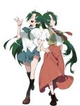  2girls ankle_boots black_socks blue_skirt boots bow breasts closed_mouth collared_shirt colored_eyelashes full_body green_eyes green_hair half_updo hands_on_own_hips high_ponytail highres higurashi_no_naku_koro_ni kneehighs large_breasts loafers locked_arms long_hair long_skirt looking_at_viewer multiple_girls necktie official_art one_eye_closed open_mouth pleated_skirt ponytail red_necktie red_skirt school_uniform shirt shoes siblings side-by-side simple_background sisters skirt smile socks sonozaki_mion sonozaki_shion st._lucia_academy_school_uniform summer_uniform suzuki_jirou teeth third-party_source twins upper_teeth_only very_long_hair vest white_background yellow_vest 