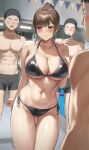 1girl 3boys abs anteiru arm_at_side averting_eyes bikini black_bikini blush breasts brown_eyes brown_hair cleavage clenched_hand closed_mouth collarbone faceless faceless_male fujisaki_honami hand_up high_ponytail highres large_breasts male_swimwear multiple_boys navel open_mouth original shy sidelocks solo_focus stomach swim_briefs swim_cap swimsuit taking_picture 