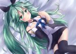  blush commentary_request embarrassed green_eyes green_hair hair_ornament hair_ribbon hairclip highres ichinose_kizuki jewelry kantai_collection long_hair ponytail ribbon ring solo yamakaze_(kantai_collection) 