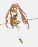  1girl ahoge antenna_hair breasts brown_hair cropped_jacket eiyuu_densetsu estelle_bright floating_hair full_body george_man hair_between_eyes hajimari_no_kiseki highres holding holding_staff holding_weapon long_hair looking_at_viewer red_eyes sen_no_kiseki shoes simple_background skirt small_breasts smile sneakers solo staff tachi-e thighhighs twintails very_long_hair weapon white_background 