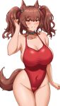  1girl angelina_(arknights) angelina_(summer_flower)_(arknights) animal_ears arknights bare_shoulders black_choker blush breasts brown_eyes brown_hair choker commentary covered_navel cowboy_shot fangs_(fangs_art) fox_ears fox_tail grin groin highres infection_monitor_(arknights) large_breasts looking_at_viewer medium_hair official_alternate_costume one-piece_swimsuit red_one-piece_swimsuit simple_background smile solo standing swimsuit tail thighs twintails white_background 