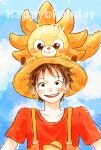  1209rikka 1boy animal black_hair character_name commentary_request happy_birthday hat highres lion looking_up male_focus monkey_d._luffy on_head one_piece one_piece_film:_red red_shirt scar scar_on_face shirt short_sleeves sky smile straw_hat teeth thousand_sunny upper_body upper_teeth_only 