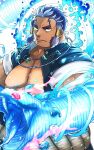  1boy bara bare_pectorals blue_fire dark-skinned_male dark_skin fire frown halo halo_behind_head highres itaru_(kidomh63) large_pectorals looking_at_viewer male_focus multicolored_hair muscular muscular_male nipples pectorals pyrokinesis sanpaku solo takeminakata_(housamo) thick_eyebrows tokyo_afterschool_summoners tsurime two-tone_hair upper_body 