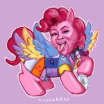  1:1 alexyorim clothing container cupcake cupcakke cutie_mark female food friendship_is_magic fur hair hasbro hi_res humanoid_face jar mauve_background my_little_pony pink_body pink_fur pink_hair pinkie_pie_(mlp) quilt solo tongue tongue_out wings 