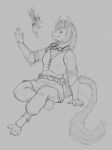  anthro black_and_white canid canine canis claws clothing dragon female fur furred_dragon furred_scalie hi_res hybrid inner_ear_fluff leather leather_clothing mammal mane monochrome mythological_creature mythological_scalie mythology scalie sitting sketch solo tail tuft wolf yaroul 