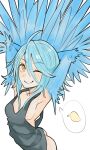  1girl ahoge armpits arms_behind_head black_tank_top blue_feathers blue_hair blue_wings blush breasts commentary_request feathered_wings feathers hair_between_eyes harpy highres long_hair looking_at_viewer monster_girl monster_musume_no_iru_nichijou nebula_flabby one_eye_closed papi_(monster_musume) sideboob simple_background small_breasts smile solo spoken_animal tank_top white_background winged_arms wings yellow_eyes 