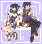  1boy 1girl armor belt bike_shorts black_hair boots breastplate brother_and_sister commission fire_emblem fire_emblem:_genealogy_of_the_holy_war gloves highres larcei_(fire_emblem) m0rb1dspade pants purple_tunic scathach_(fire_emblem) shoulder_armor siblings side-by-side sidelocks simple_background smile tomboy tunic twins 