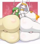  anthro areola ass_to_ass big_breasts biped breasts butt duo eyelashes female gardevoir generation_3_pokemon generation_7_pokemon genitals green_hair hair hi_res huge_breasts looking_back matospectoru nintendo nipples pheromosa pokemon pokemon_(species) pupils pussy smile take_your_pick thick_thighs ultra_beast white_body 