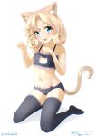 1girl animal_ears black_bra black_panties black_thighhighs blonde_hair blue_eyes bra cat_cutout cat_ears cat_lingerie cat_tail cleavage_cutout clothing_cutout flat_chest frilled_bra frills full_body janus_(kancolle) kantai_collection kneeling meme_attire one-hour_drawing_challenge panties ray.s short_hair simple_background solo tail thighhighs underwear underwear_only white_background 