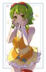  1girl absurdres aqua_border autore_triangle bare_arms bare_shoulders belt belt_buckle blush border breasts buckle buttons closed_mouth collar collared_vest commentary_request detached_sleeves dress flipped_hair gem goggles goggles_on_head green_belt green_eyes green_hair grey_headphones gumi hair_between_eyes hands_on_own_face hands_up headphones highres layered_dress looking_at_viewer medium_hair orange_vest outside_border red_gemstone red_goggles sidelocks simple_background skirt solo standing star_(symbol) thighlet vest vocaloid white_background white_collar white_skirt white_wrist_cuffs wrist_cuffs yellow_dress 