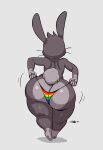  anthro big_butt biped butt clothed clothing fur grey_body hi_res huge_butt joaoppereiraus lagomorph leporid mammal multicolored_clothing panties rabbit rainbow_clothing rear_view solo thick_thighs toby_(joaoppereiraus) topless underwear whiskers 