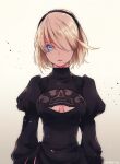  1girl 2b_(nier:automata) black_dress blue_eyes breasts cleavage_cutout clothing_cutout dress expressionless grey_hair hairband juliet_sleeves long_sleeves looking_at_viewer malt_40 nier:automata nier_(series) no_blindfold parted_lips puffy_sleeves short_hair small_breasts solo upper_body wind 