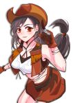  1girl bare_shoulders black_hair blush breasts brown_gloves brown_hat brown_skirt brown_vest collarbone commentary cowboy_hat cowboy_shot crisis_core_final_fantasy_vii crop_top earrings final_fantasy final_fantasy_vii final_fantasy_vii_ever_crisis final_fantasy_vii_rebirth final_fantasy_vii_remake floating_hair gloves hat highres index_finger_raised jewelry large_breasts long_hair looking_at_viewer low-tied_long_hair midriff miniskirt navel official_alternate_costume red_eyes shikiwo single_earring skirt solo tank_top tifa_lockhart tifa_lockhart_(cowgirl) very_long_hair vest white_background white_tank_top 