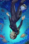  1girl black_wetsuit blue_eyes bodysuit breasts brooke_(mleth) brown_hair covered_navel diving_mask diving_suit fish goggles long_hair mleth original ponytail small_breasts snorkel solo underwater upside-down watch wetsuit wristwatch 