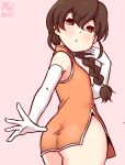  1girl alternate_costume artist_logo ass braid brown_hair china_dress chinese_clothes commentary_request dated dress elbow_gloves flat_chest gloves kanon_(kurogane_knights) kantai_collection long_hair looking_at_viewer looking_back one-hour_drawing_challenge orange_dress orange_eyes pink_background short_dress simple_background single_braid solo souya_(kancolle) white_gloves 
