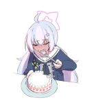  1girl ahoge black_jacket blue_archive blue_hair cake chirun0 closed_eyes crying eating food fork hair_between_eyes hair_ornament halo holding holding_fork jacket long_hair long_sleeves multicolored_hair pink_hair plate purple_halo reisa_(blue_archive) sailor_collar simple_background solo star_(symbol) star_hair_ornament two-tone_hair white_background white_sailor_collar 