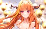  1girl artist_name balloon bare_shoulders blonde_hair blunt_bangs blurry blurry_background blush bow braid breasts cleavage closed_mouth collarbone confetti dragon_girl dragon_horns dress english_commentary fang floating_hair frilled_dress frills goodbye gumae hairband hololive horn_bow horn_ornament horns kiryu_coco long_hair looking_at_viewer multicolored_hair off-shoulder_dress off_shoulder orange_hair pointy_ears red_eyes skin_fang smile streaked_hair virtual_youtuber white_bow white_dress 